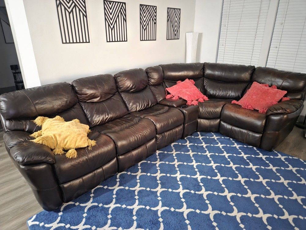 5 Seat Reclining Brown Leather Section