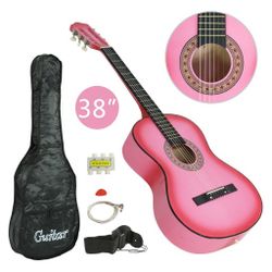 Beginners 38 inch Acoustic Guitar Package Kit for Right-handed Starters Kids Music Lovers w/Case, Strap, Pitch Pipe and Pick (Pink)