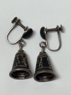 Vintage Mid-Century Siam Sterling Silver Niello Dangling Bell Screw-Back Earrings