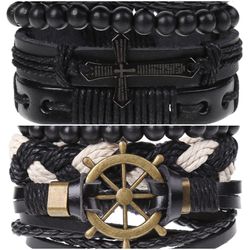 2 x Set Adjust. Size up to 9.5inc Leather Bracelet, (Cross-Ship Rudder)