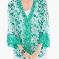Chico's Women’s Green Congo Floral Print Beaded  Semi Sheer Tunic Blouse Sz LG