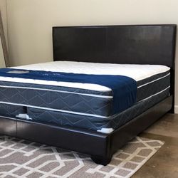 BRAND NEW BLACK KING SIZE LEATHER BED FRAME WITH NEW 12.5 INCH PILLOWTOP MATTRESS SET/FAST DELIVERY 