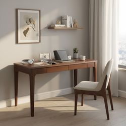 Solid Wood Desk with Drawers, Standing Desk with Smooth Edges, Home Office Desk for Small Spaces, Mid Century Modern Desk for Study, Bedroom, Living R
