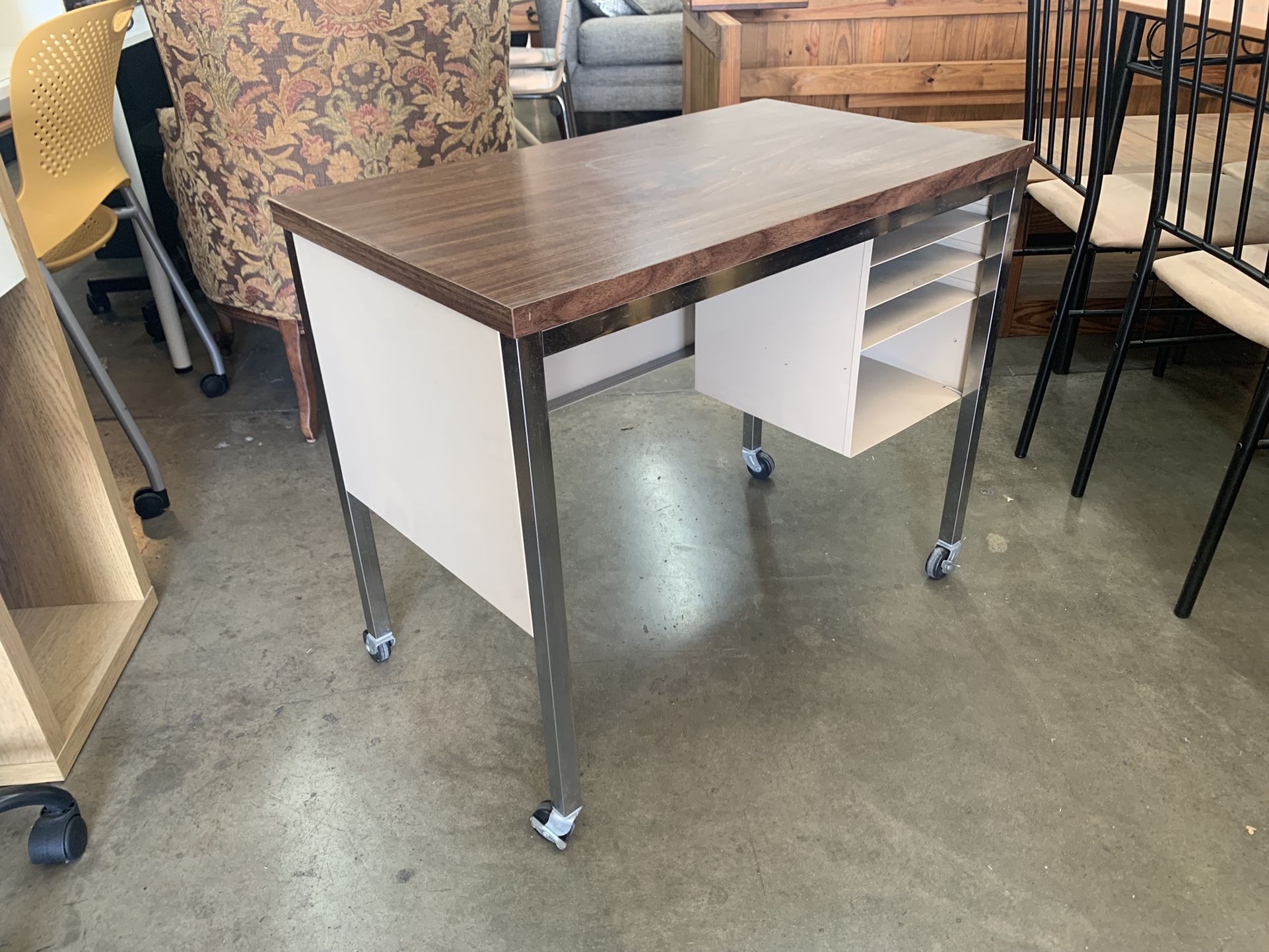 Vintage Industrial Chrome Student Desk On Castors Good Condition