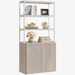 SICOTAS 71" Tall Book Shelf with Doors 5 Tier Bookshelf Bookcase Storage Mid Century Modern Bookshelves Large Fluted Shelves Metal Book Cases for Bedr