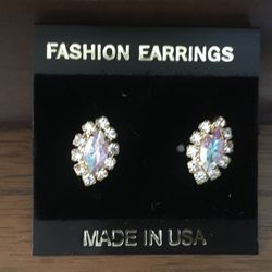 Pointed Oval Multi-Shine Moon Stone & Crystal Glass Post Earrings