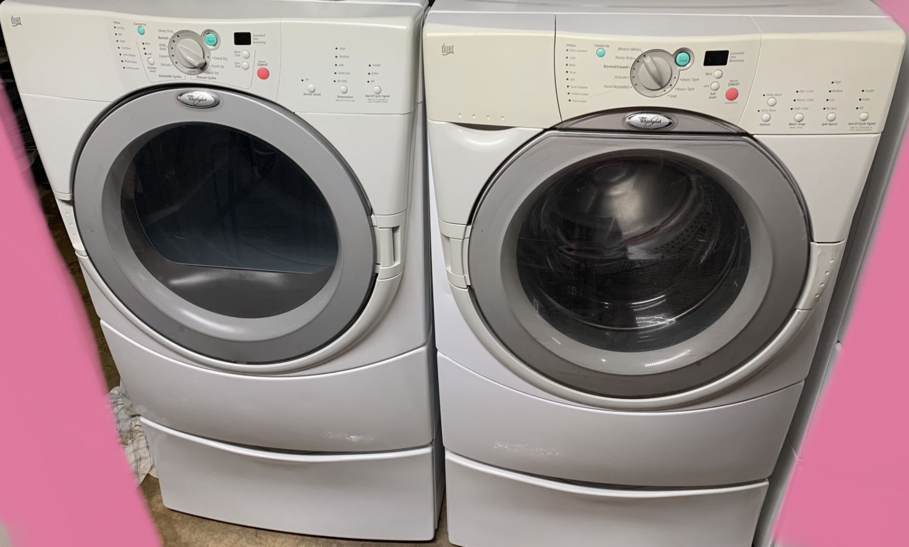 Whirlpool Washer & Dryer set on pedestals