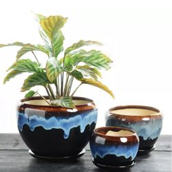Rustic Ceramic Flower Pots - Set of 3 - Drip Glazed Planters with Drainage Hole