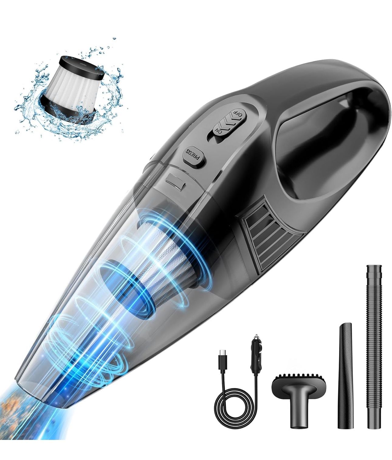 Handheld Car Vacuum Cleaner with 8000PA Powerful Suction, Portable Car Vacuum Cleaner with 2 Filters, Mini Brush, Lightweight, 0.34L Capacity, Essenti