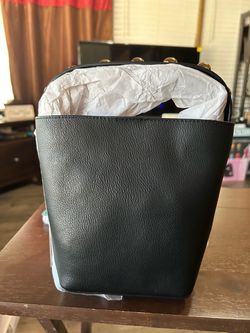 Black Leather Bucket Bag with Gold Hardware