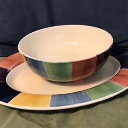 Hand painted colorful bowl and platter