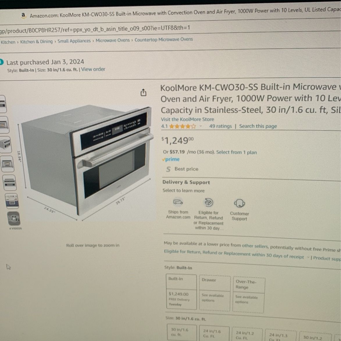 New- Koolmore Built In Microwave Convection Air fry Oven