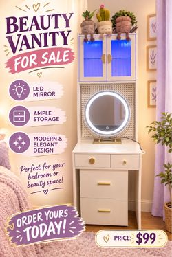 White Vanity Tower with LED Mirror and Storage