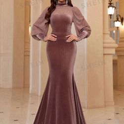 Mesh Panel Lantern Sleeve Mermaid Evenin g Dress