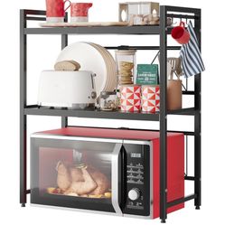 Expandable Microwave Stand,3 Tier Metal Kitchen Countertop Organizer Shelves with 8 Hooks,Bakers Rack,Microwave Shelf,Microwave Oven Rack,110lbs Weigh