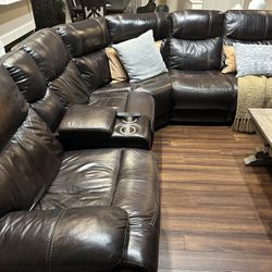 Brown Leather Sofa- Recliner End Chairs- Leather And Electric