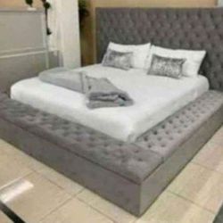 Grey Velvet Bed Frame 🌼$45 Down Payment 📌Bedroom set, beds (QUEEN,KING,FULL,TWIN), dresser, mirror, nightstand, chest, mattress, daybed,