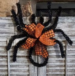 Ht-13.5in width-13.5in HANDMADE artificial spider with orange bow