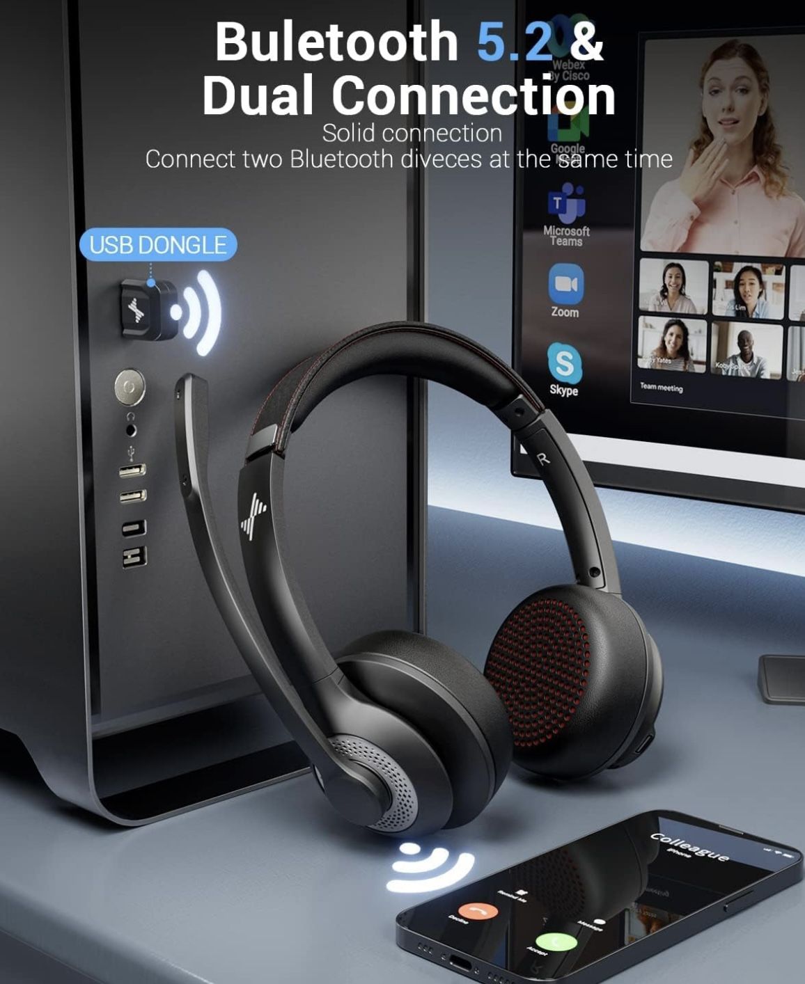 Wireless Headset with AI Noise Cancelling Microphone Bluetooth Headset