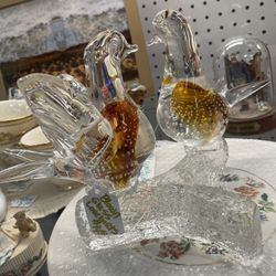 Murano Blown Glass Lovebirds On Branch 