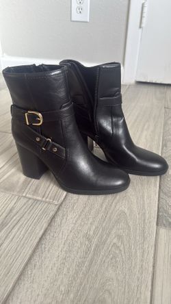 Black Block Heel Ankle Boots with Gold Buckle Detail | Faux Leather Zip Boots