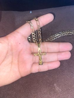 Gold-Tone Crucifix Pendant Figaro Chain Necklace