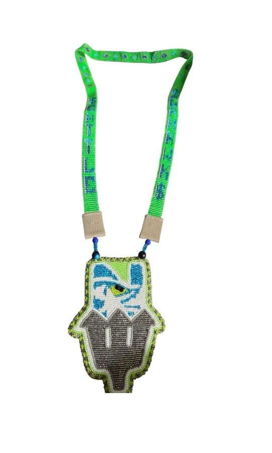Handmade Seattle Seahawks Beaded Medallion Necklace โ 21" Native-Inspired Fan Je