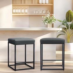 24 Inch Counter Height Bar Stools Set of 2, Upholstered Bar Stools for Kitchen Island, Counter Stools with Faux Leather Cushion and Sturdy Metal Frame