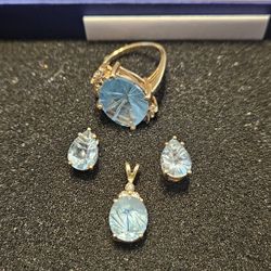 14K Gold Blue Topaz Jewelry Set | 3.5ct Starburst Cut | Ring Earrings Pendant | Vintage Heirloom