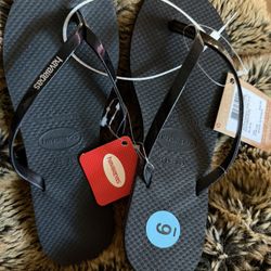 Woman Havaianas Black Slim Patent Straps Size 6 Nwt