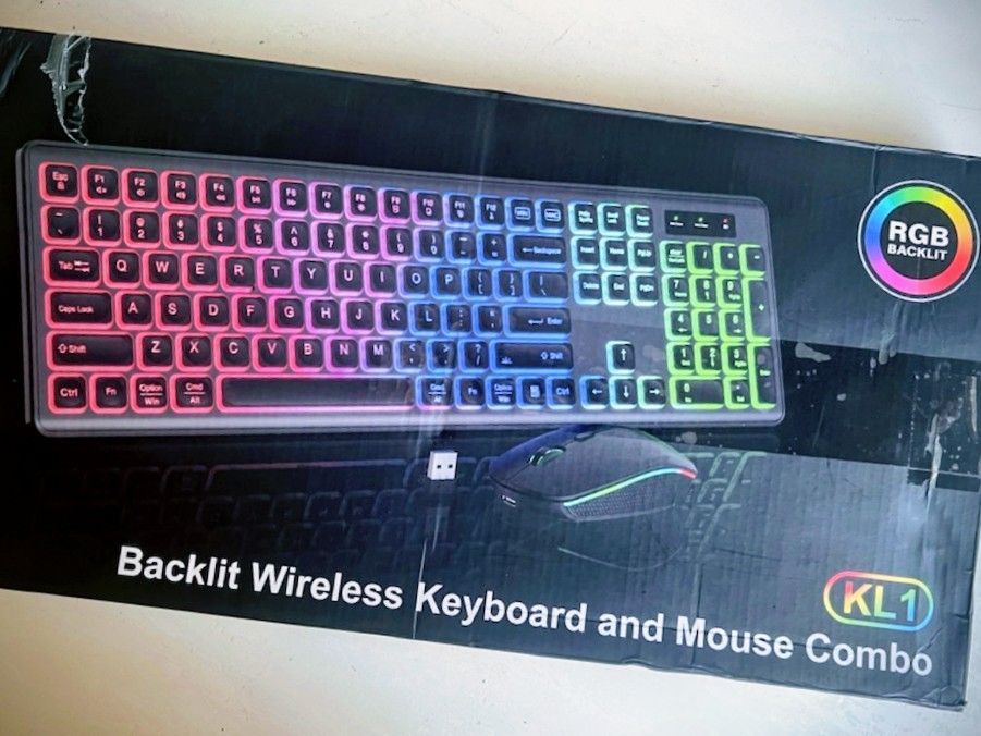 RGB Backlit KL1 Light up Rechargeable Wireless Keyboard & Mouse Combo Set.