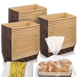 75 Sets Paper Loaf Pans for Baking 6 x 2.5 x 2 Inches Disposable Paper Baking Loft Mold Plastic Bread Bags Clear Bread Bag with Ties Bread Storage Bag