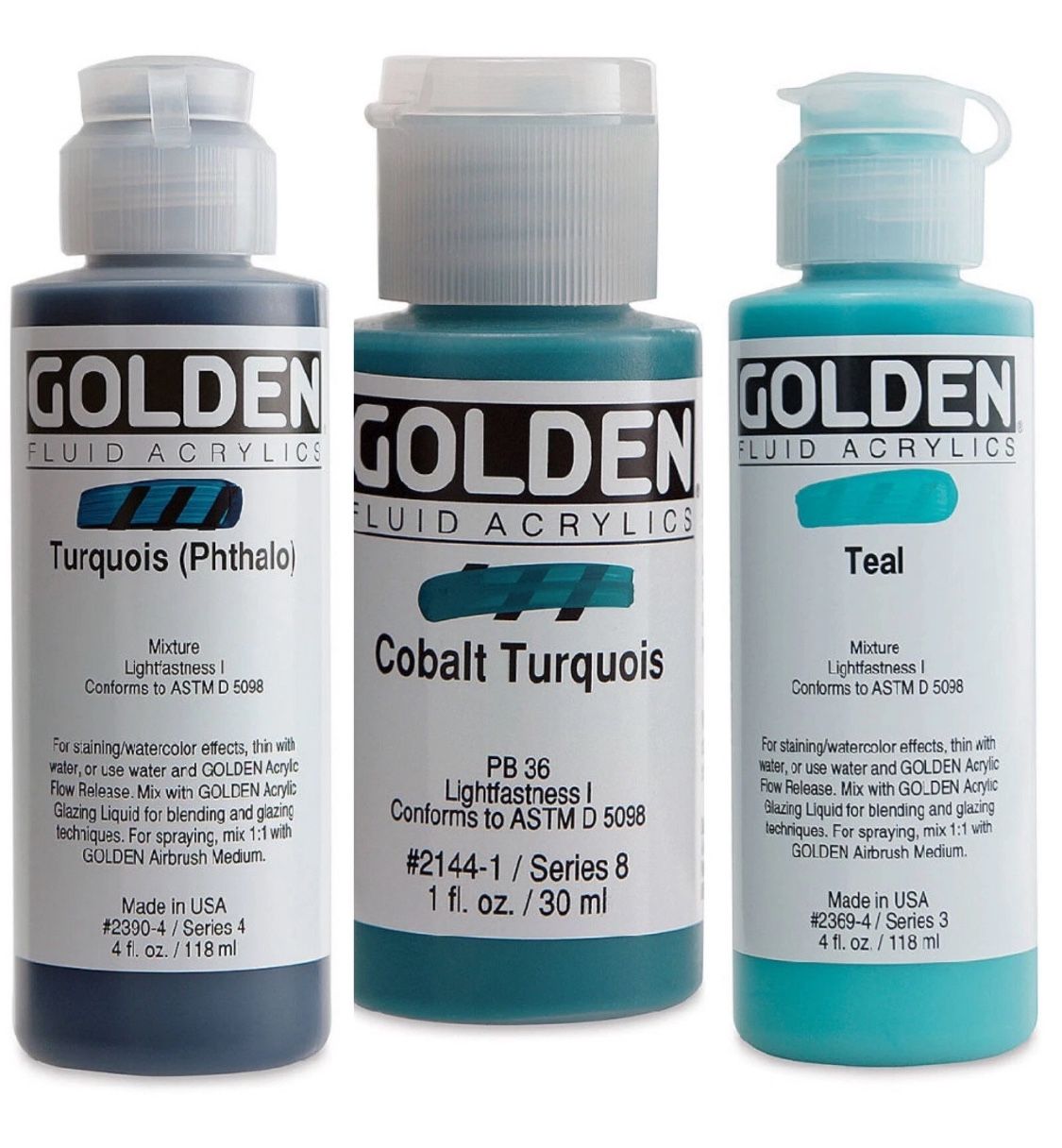 3x Golden fluid acrylic paints in teal and turquoise blue colors, 4oz & 1 oz NEW