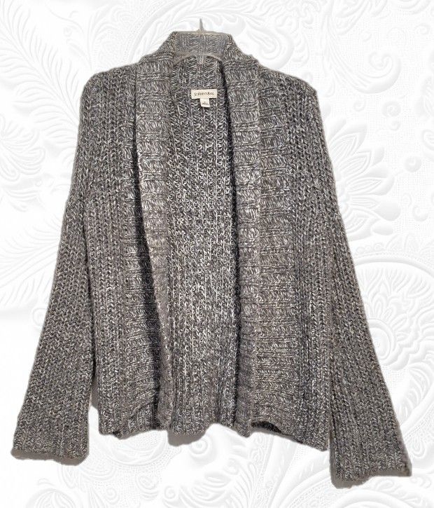Gray & white marled cardigan sweater, open front shawl collar, Sz. M