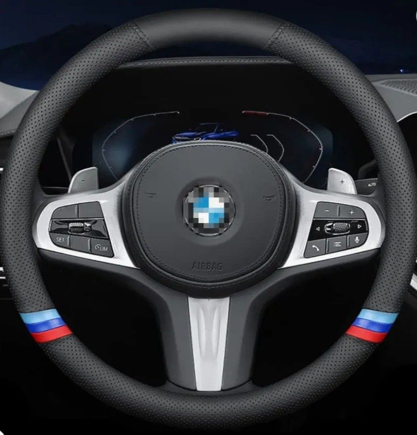 YOUDAXIN New Nappa Leather Car Steering Wheel Cover, Comfortable, Non-Slip, Sport Style Universal 15". Black Blue