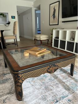 Vintage Asian-Inspired Coffee Table with Glass Top