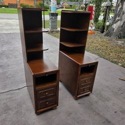 SET OF 2 NARROW Solid Wood End Table/Nightstands with Drawers, shelves, pull-out tray Reversible Corners Shelves, Walnut open box new read description