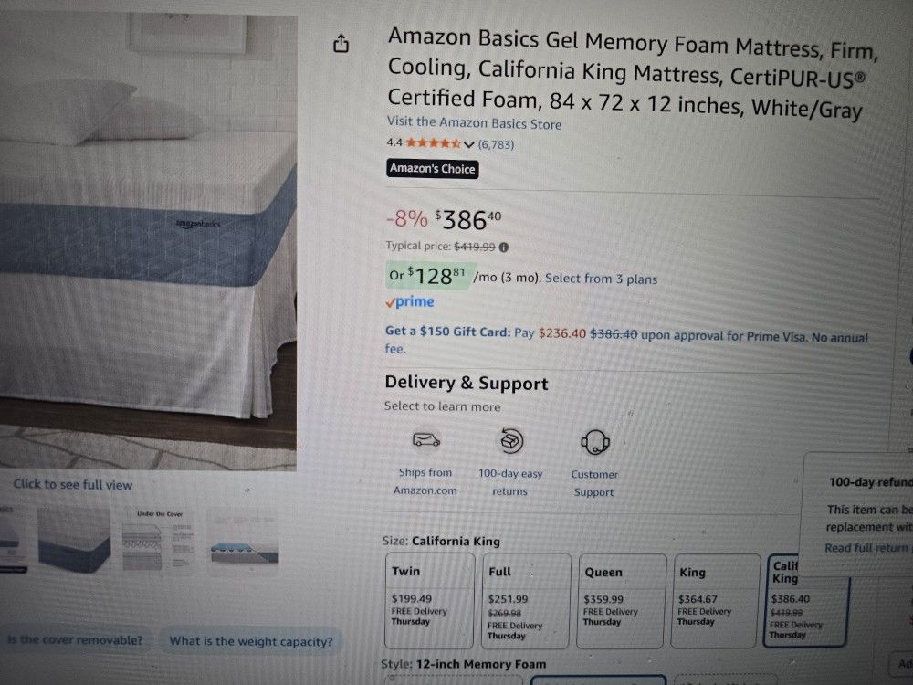 Amazon BASIC Gel Memory FOAM MATTRESS california King