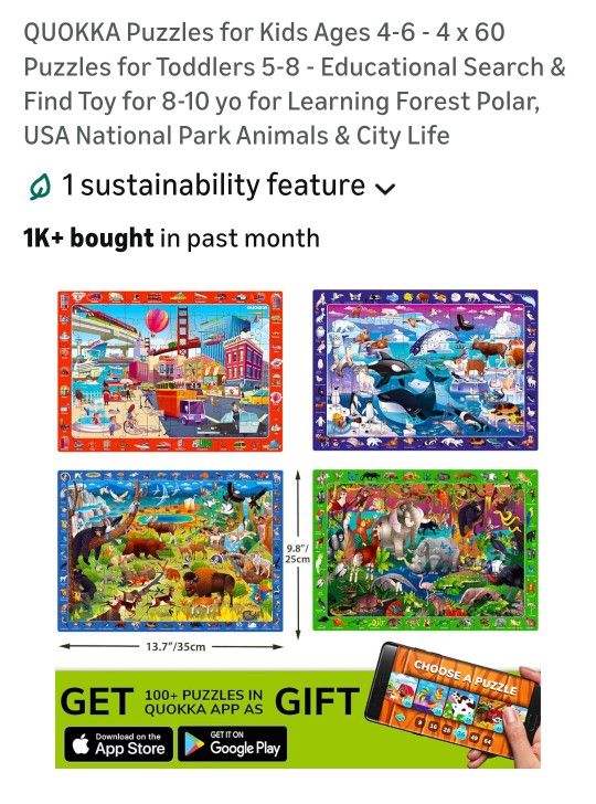 QUOKKA Puzzles for Kids Ages 4-6 - 4 x 60 Puzzles for Toddlers 5-8 - Educational Search & Find Toy for 8-10 yo 