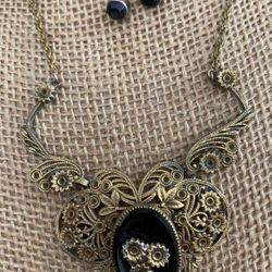Juego Cadena Aretes Gold Filled Piedras Azabache Joyería Antigua 