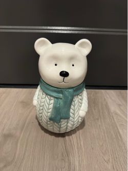 Ceramic Polar Bear Decor with Teal Scarf – Winter/Home Accent