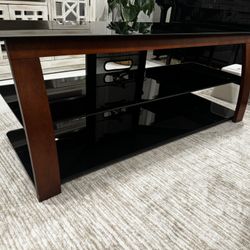 Modern Glass Coffee Table / TV Stand – Wood Frame – Excellent Condition 