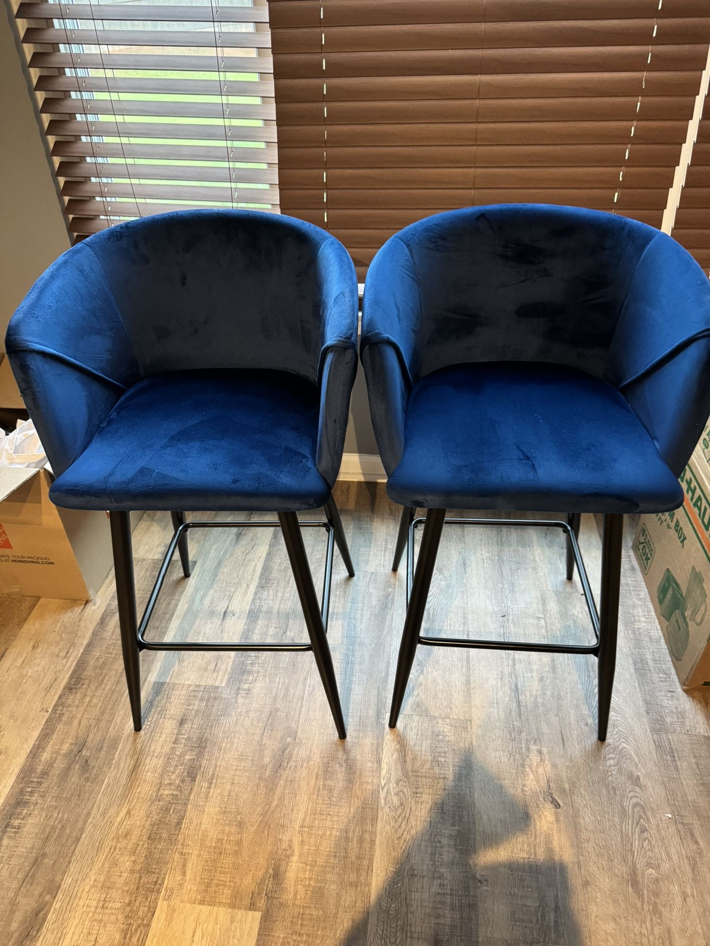 Blue Velvet Bar Stools – Set of 2 (Like New!)