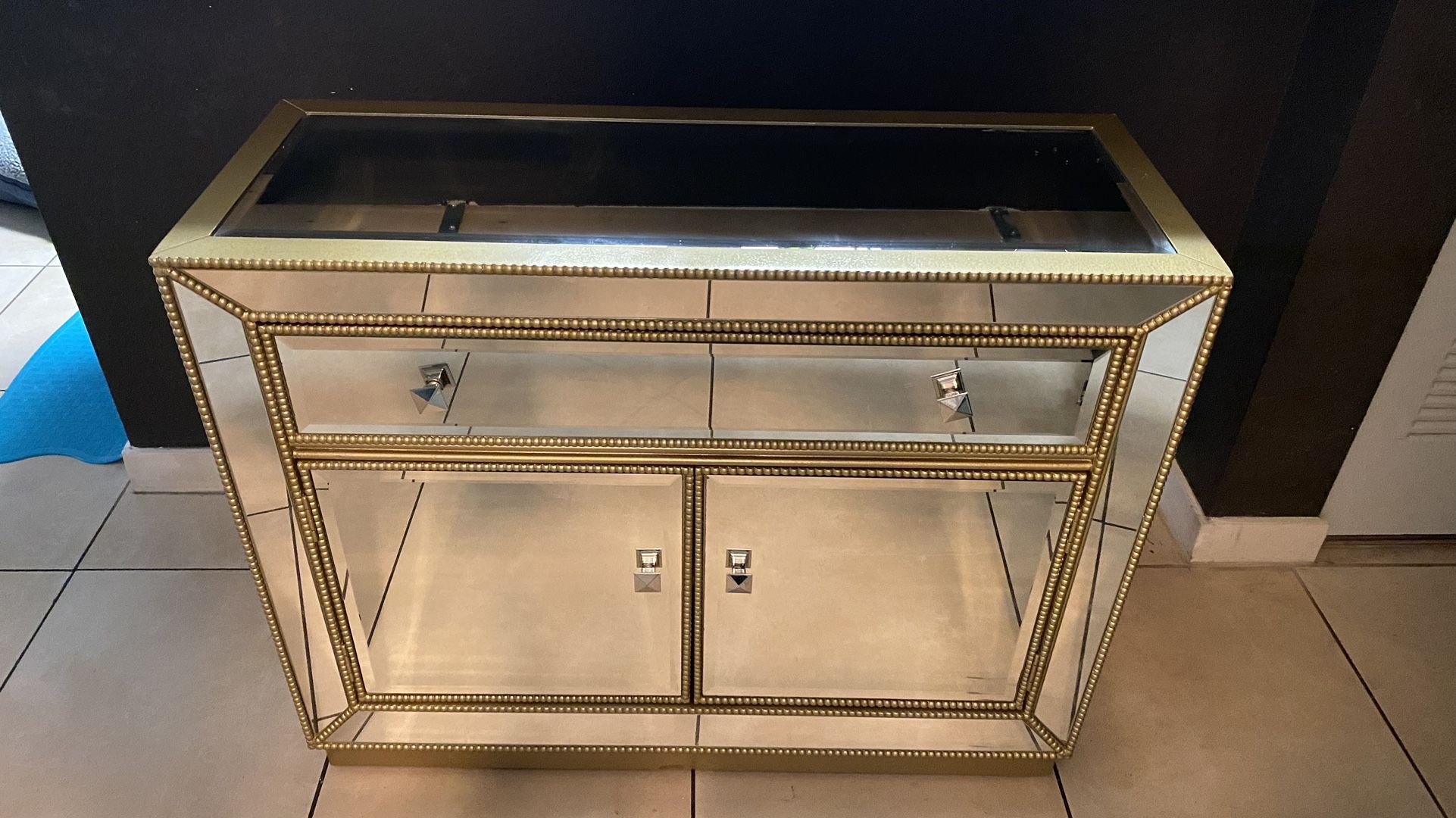Mirrored Accent Cabinet with Gold Trim