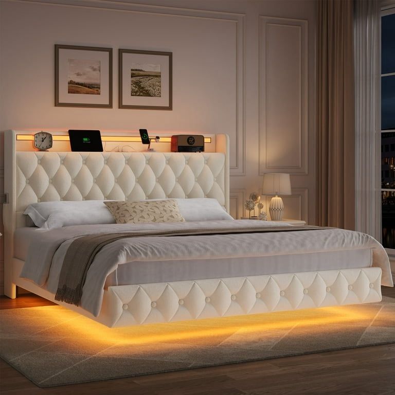 King Size Floating Upholstered Beds with LED Lights, Velvet Leather Sturdy Platform Bed with Charging Station & Button Tufted Headboard Storage, White