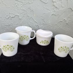 PYREX Vtg Summer Impressions Honeydew Melon Creamer/Sugar Bowl/Mugs Set