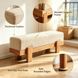 Wooden Upholstered Bench, Low Profile Entryway Bench with Thick Beige Linen Cushion, Solid Wood Legs, Multi-use Shoe Bench for Hallway, Bedroom End of