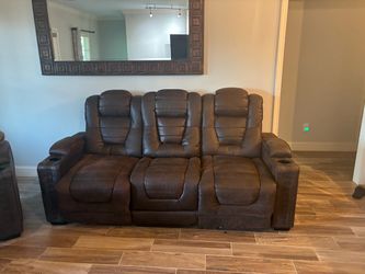 Brown faux  Leather Reclining Sofa with Cup Holders