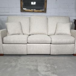 Stickley Fine Upholstery Dual Recliner Power Motion Sofa White Beige Fabric LIKE NEW - Custom Designer Luxury Furniture 