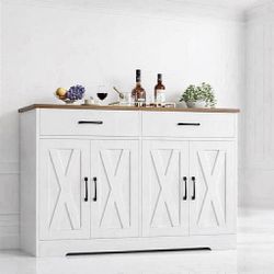 47"Farmhouse Sideboard Storage Cabinets , Coffee Bar  White D-5